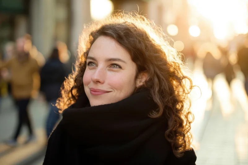 Woman with curly brown hair and black scarf smiling on city street in warm sunlight