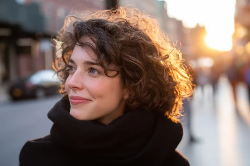 Woman with curly brown hair and black scarf smiling on city street at sunset