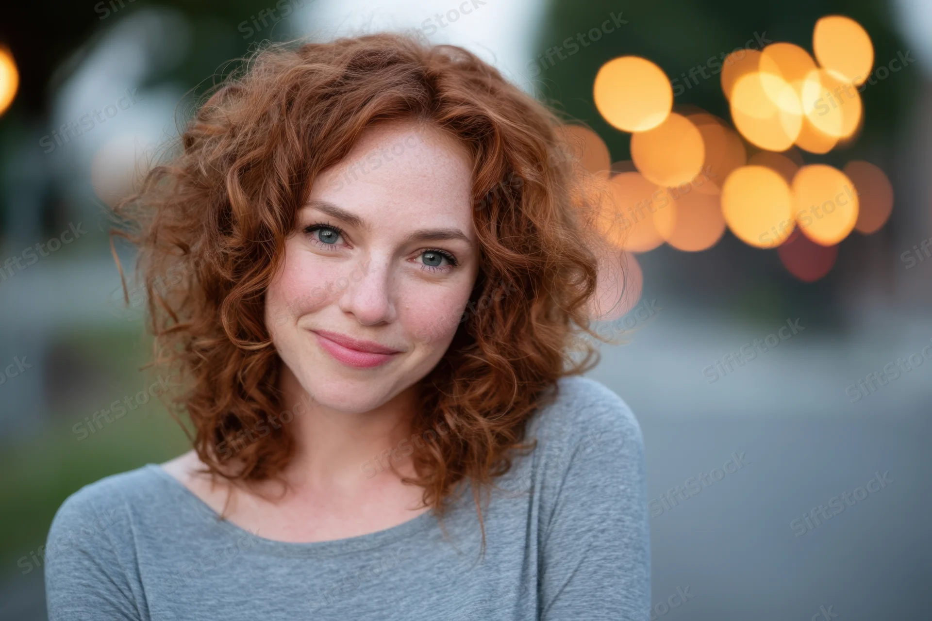 Woman with curly red hair smiling in a closeup portrait outdoors at twilight with bokeh lights in the background