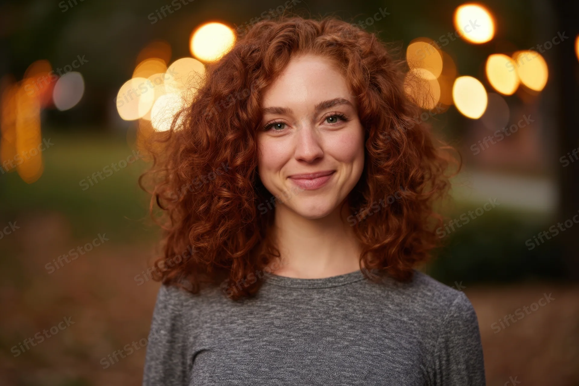 Young woman with curly red hair smiling in an outdoor park setting at evening with bokeh lights in the background