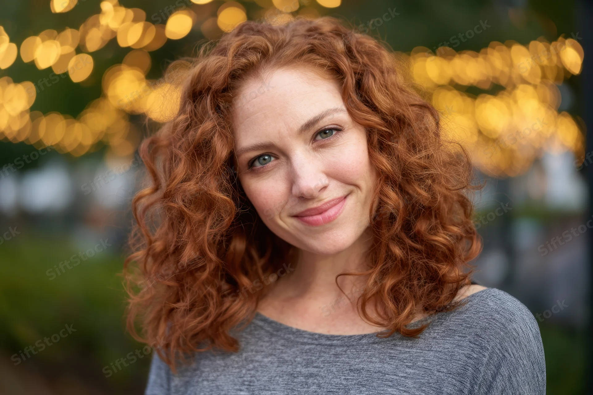 Woman with curly red hair smiling in outdoor setting with bokeh lights behind her
