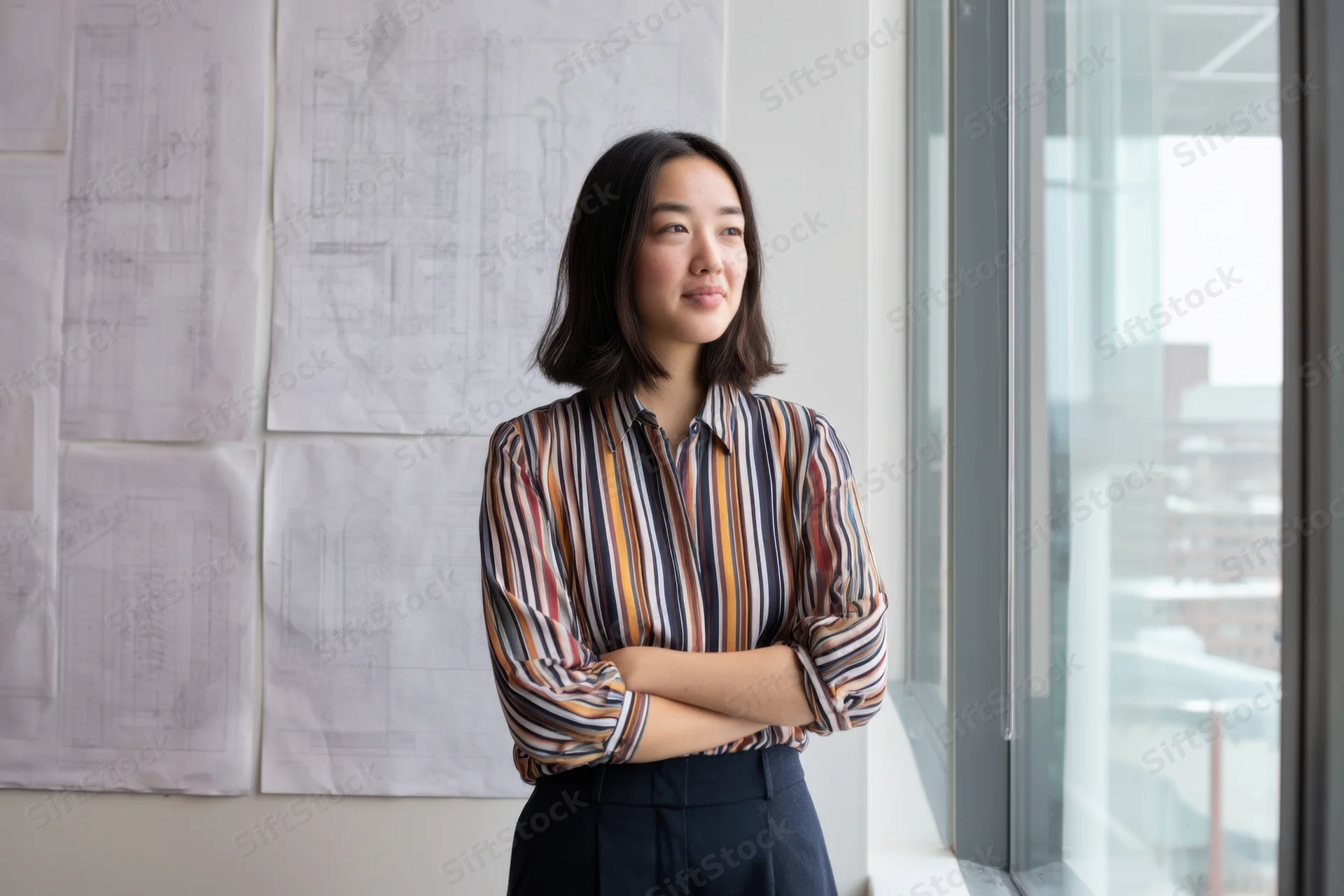 Woman architect standing by window in office with blueprints on wall