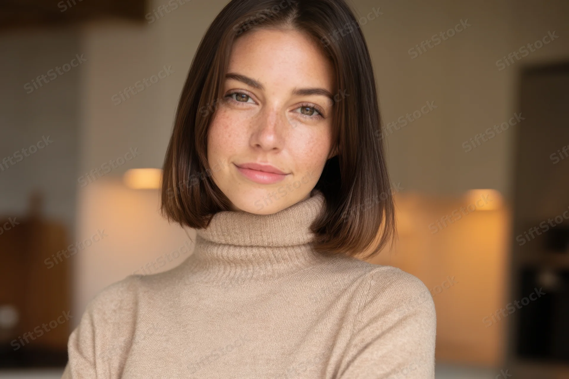 Woman with straight brown hair wearing beige turtleneck indoors smiling softly