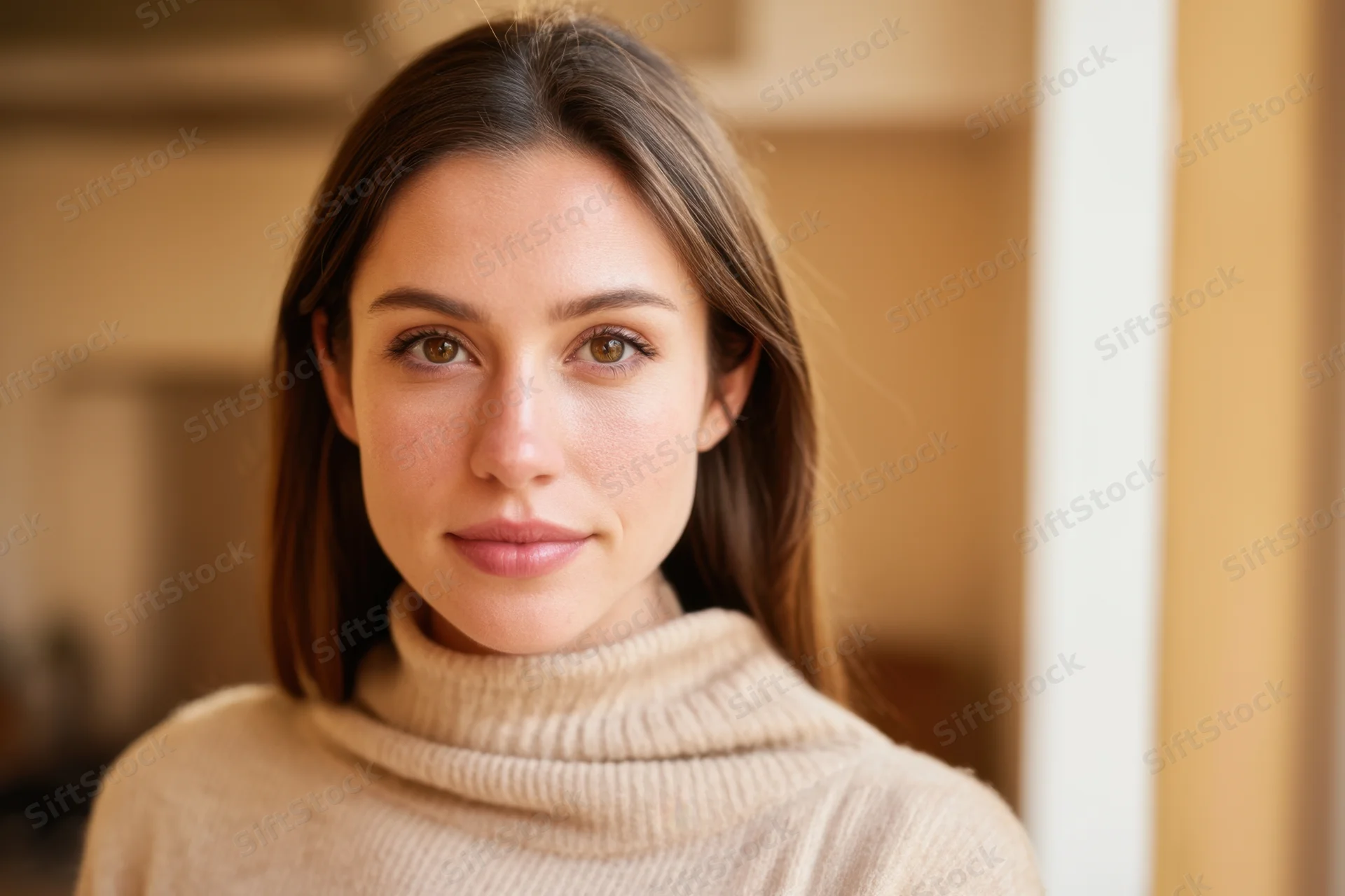 Woman in beige turtleneck sweater looking at camera indoors
