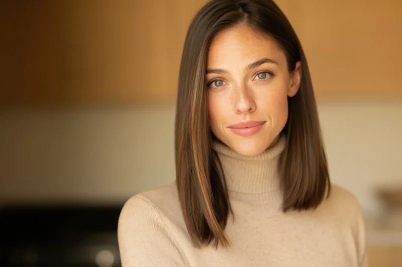 Woman with straight brown hair wearing beige turtleneck in kitchen interior