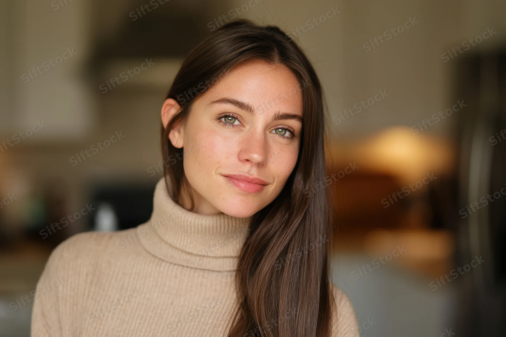 Woman in beige turtleneck smiling softly in a kitchen interior