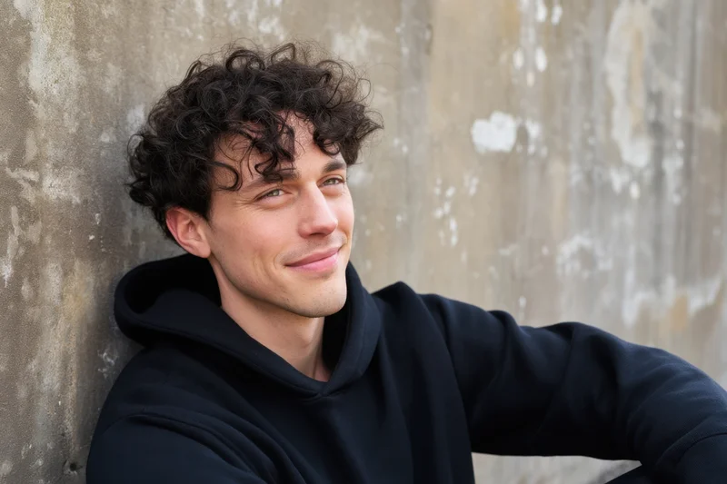 Young man with curly dark hair smiling while leaning against a concrete wall in a black hoodie
