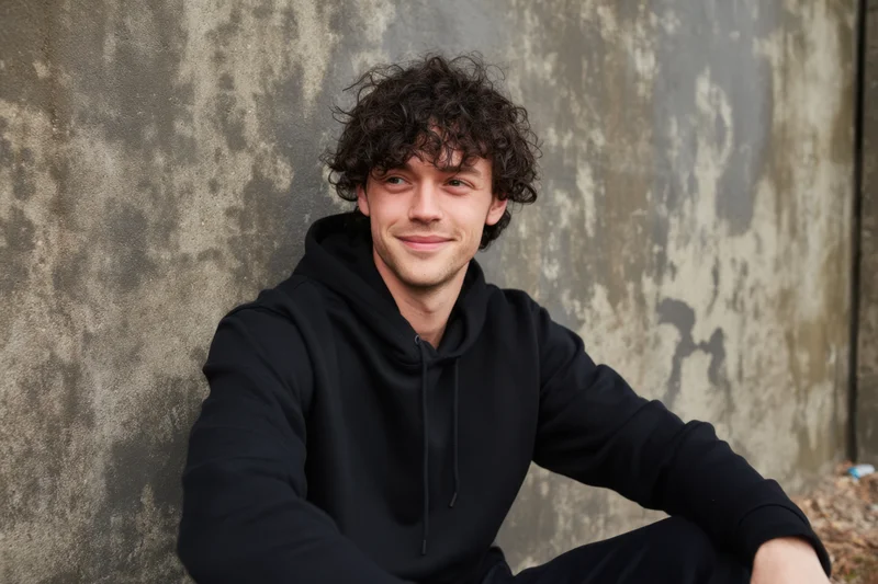 Young man with curly dark hair wearing black hoodie sitting against concrete wall smiling