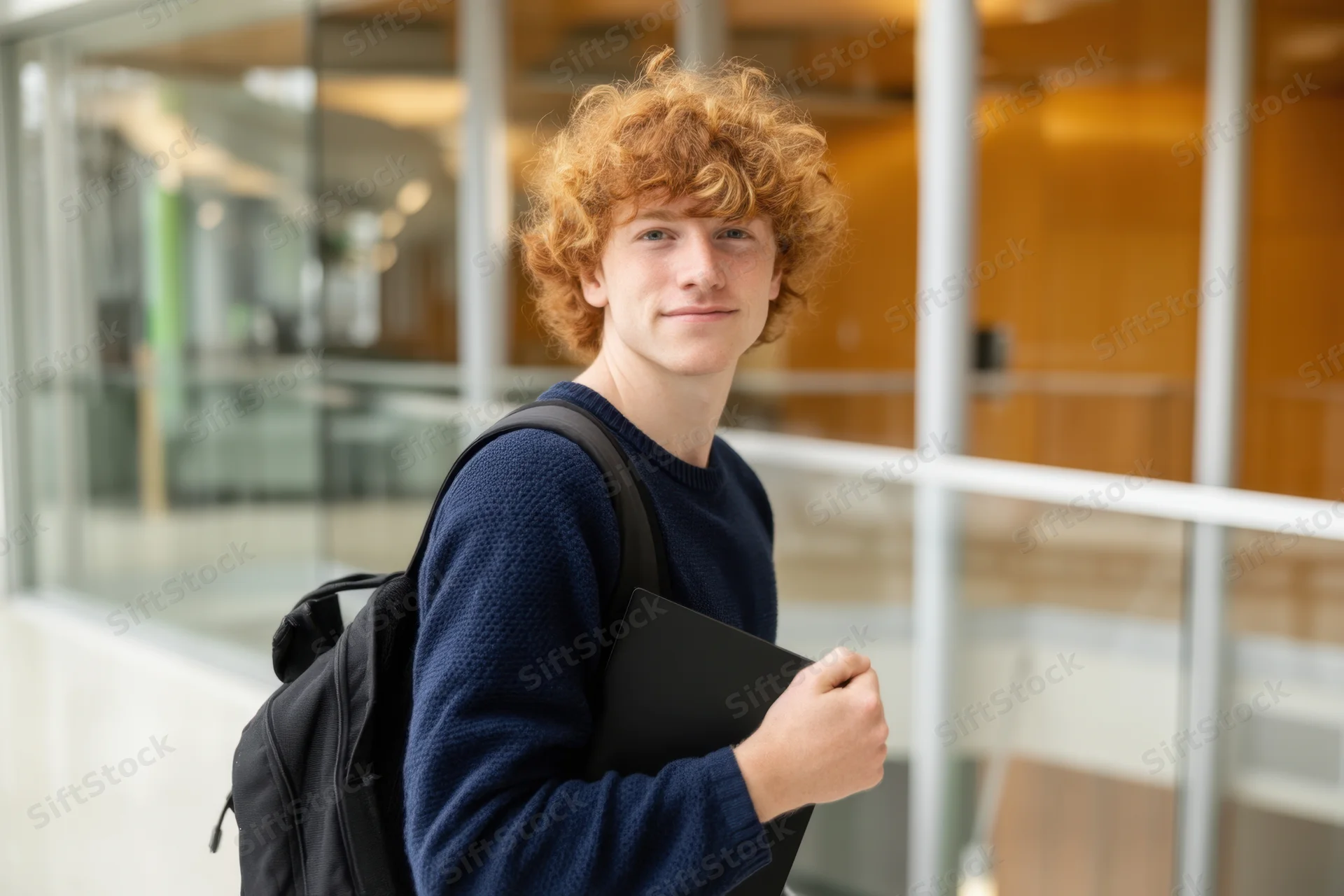 Young man with curly red hair carrying laptop and backpack outside modern university building