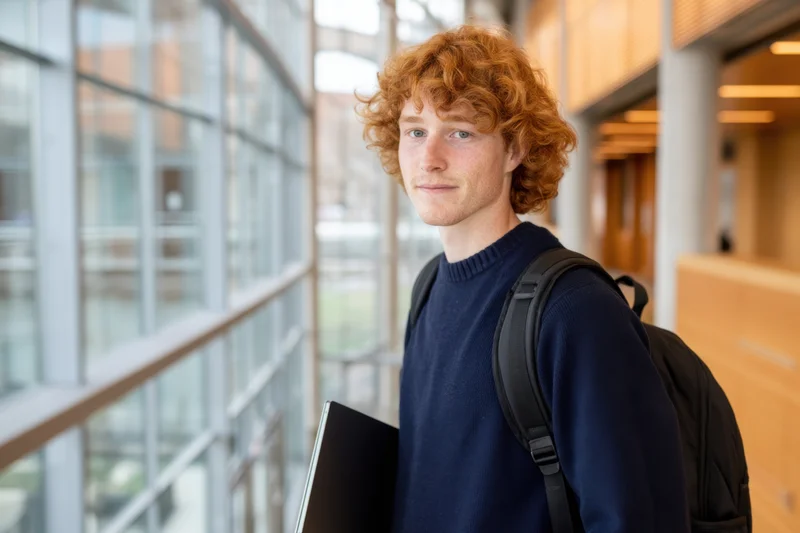 Young man with curly red hair carrying laptop and backpack in university hallway