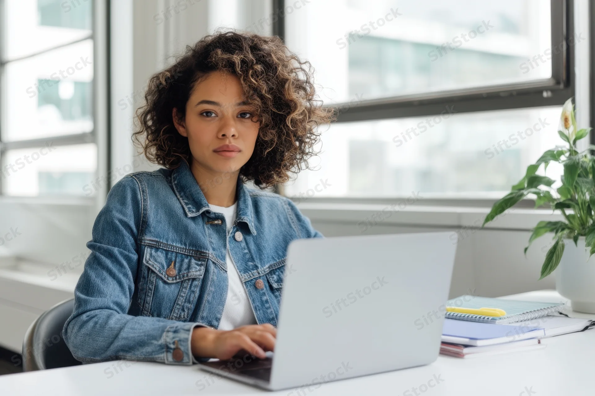 Young woman with curly hair typing on laptop at office desk near window