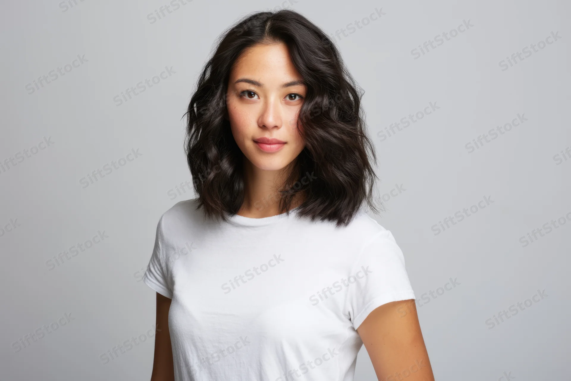 Young asian woman in white tshirt posing in studio with direct gaze