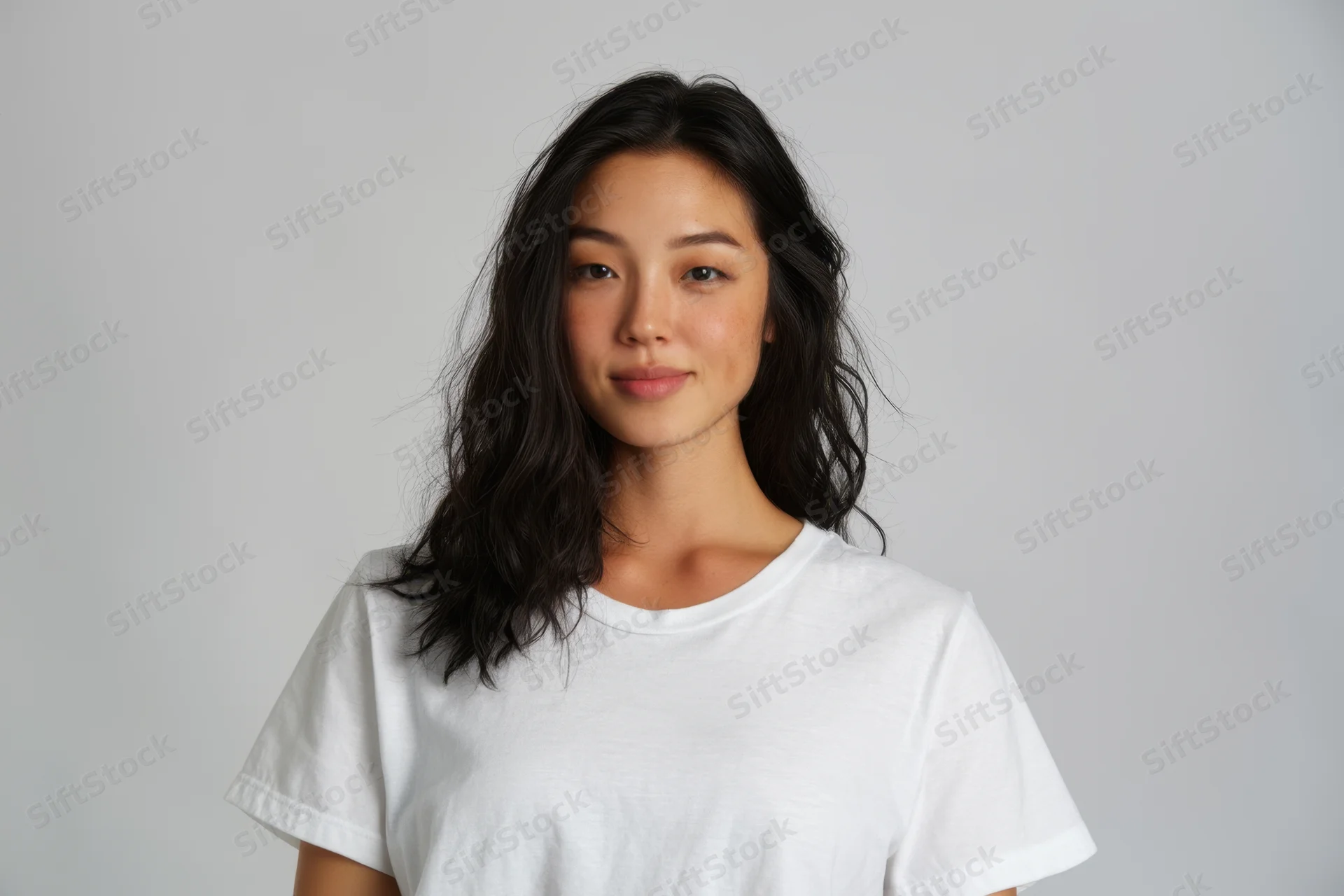 Young asian woman in plain white tshirt smiling at camera in studio setting