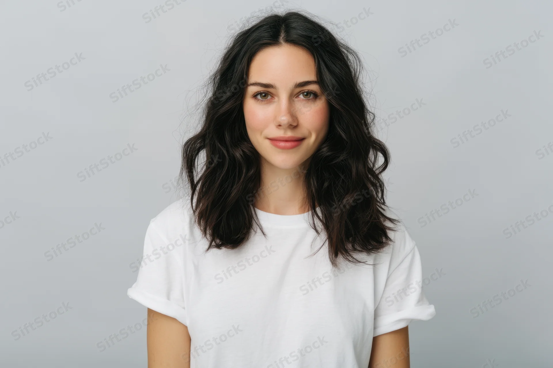 Young woman with dark wavy hair smiling in white t-shirt against neutral background