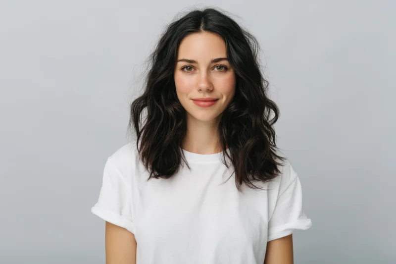 Young woman with dark wavy hair smiling in white t-shirt against neutral background