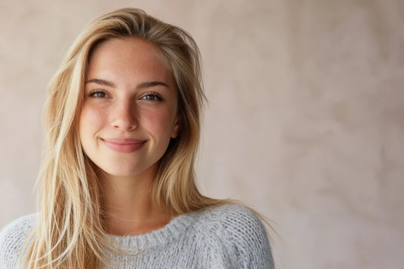 Young woman with long blonde hair smiling gently in a closeup portrait against a neutral background