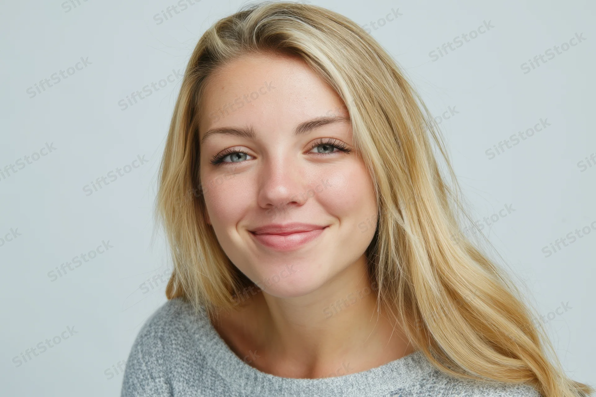 Young woman with long blonde hair smiling gently in a studio portrait