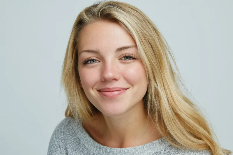 Young woman with long blonde hair smiling gently in a studio portrait
