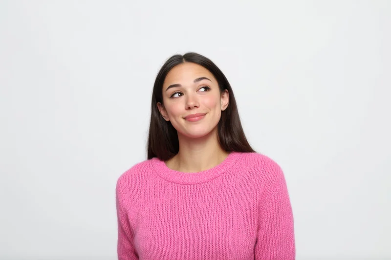Young woman in pink knit sweater smiling and looking to the side against white background