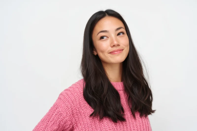 Young woman smiling with long dark hair in pink knit sweater against white background