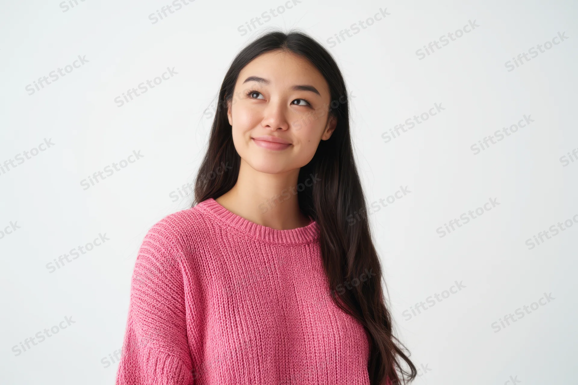 Young woman in pink knit sweater smiling slightly while looking to the side against white background