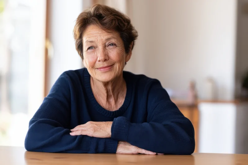 Elderly woman smiling with arms crossed at kitchen table indoors