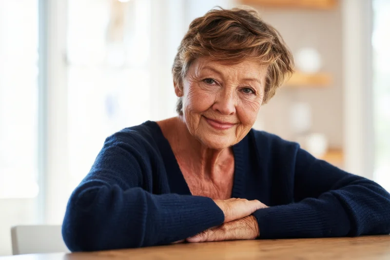 Senior woman smiling with arms crossed at kitchen table