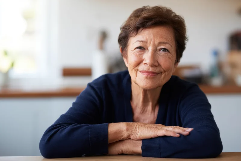 Senior woman smiling with arms crossed at kitchen table