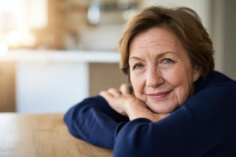 Senior woman smiling with arms resting on kitchen table