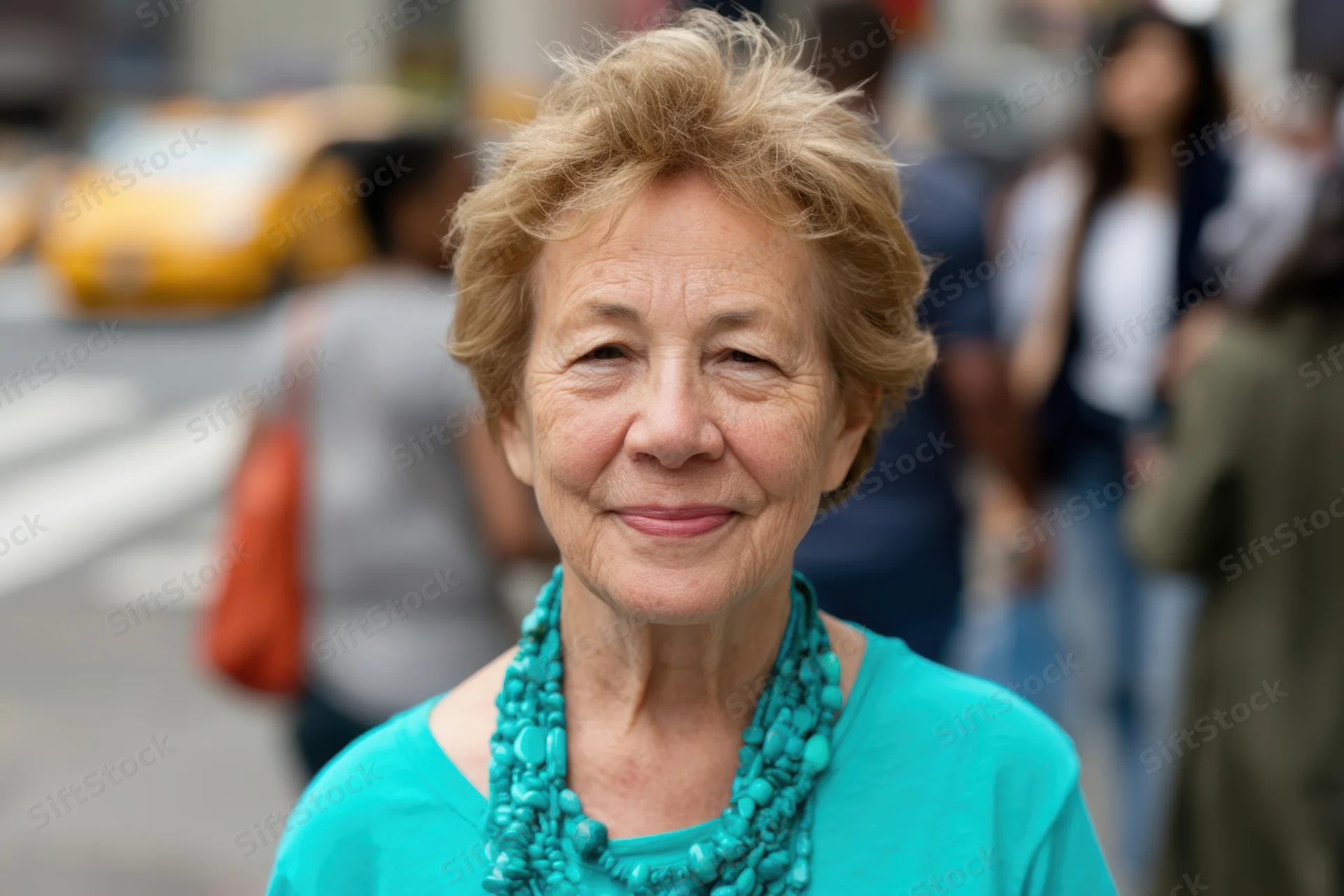 Senior woman smiling in a city street with yellow taxi and pedestrians in background