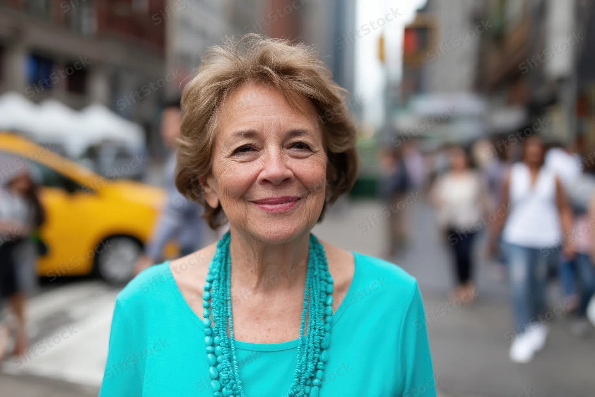 Senior woman smiling in a city street with pedestrians and a yellow taxi in the background