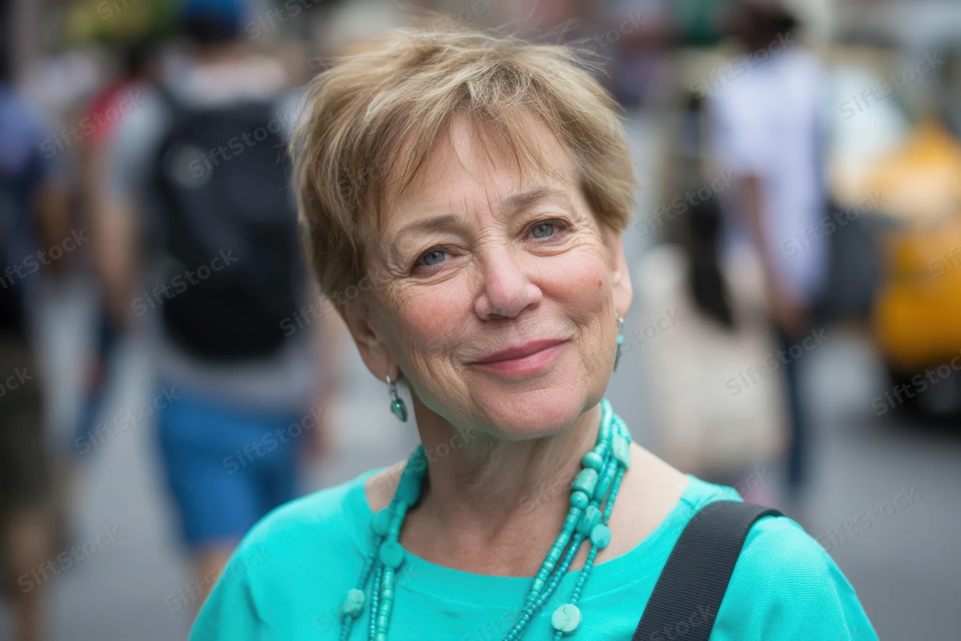 Senior woman smiling in a closeup portrait on a busy city street