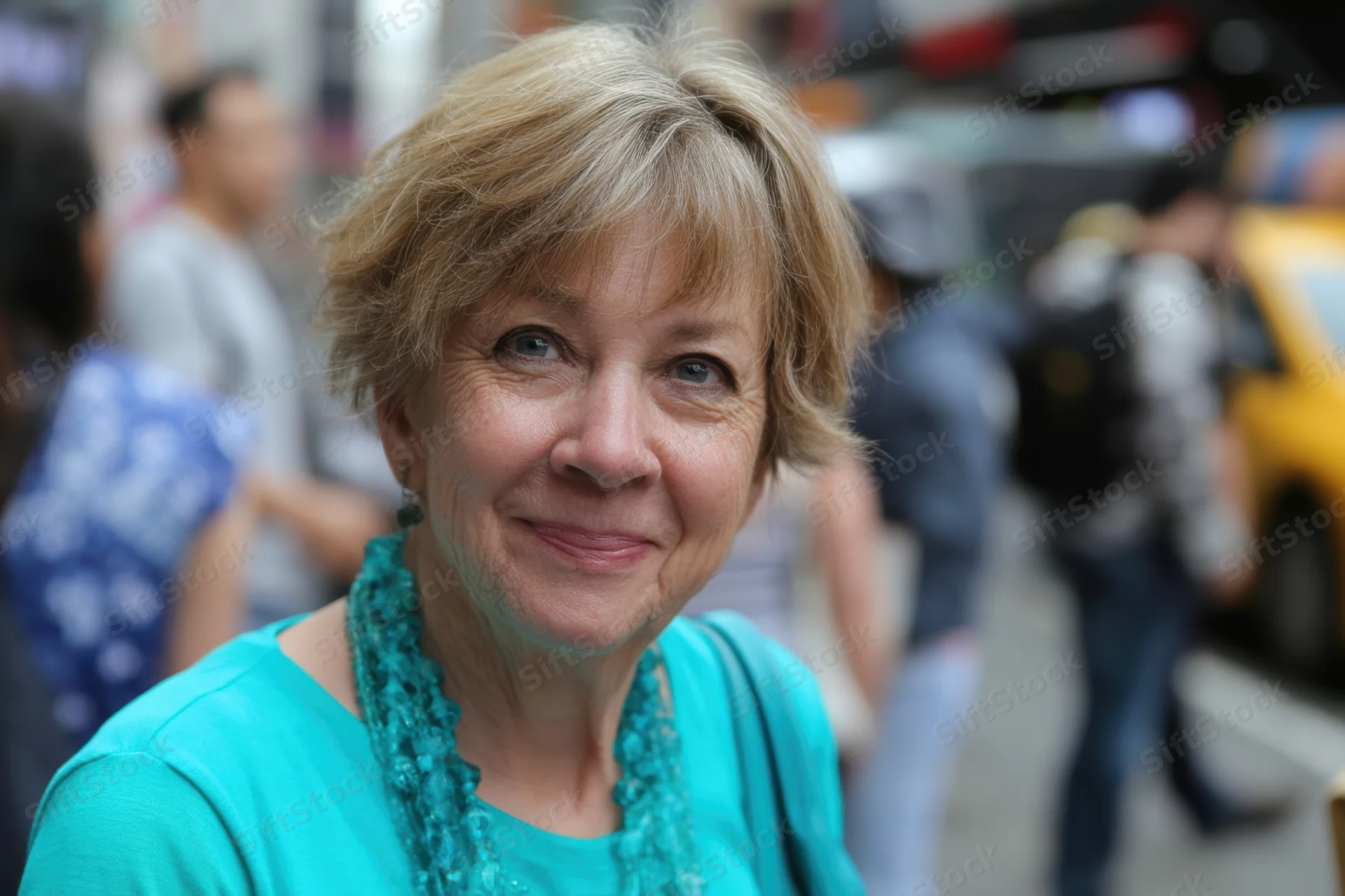 Senior woman smiling in closeup portrait on busy city street