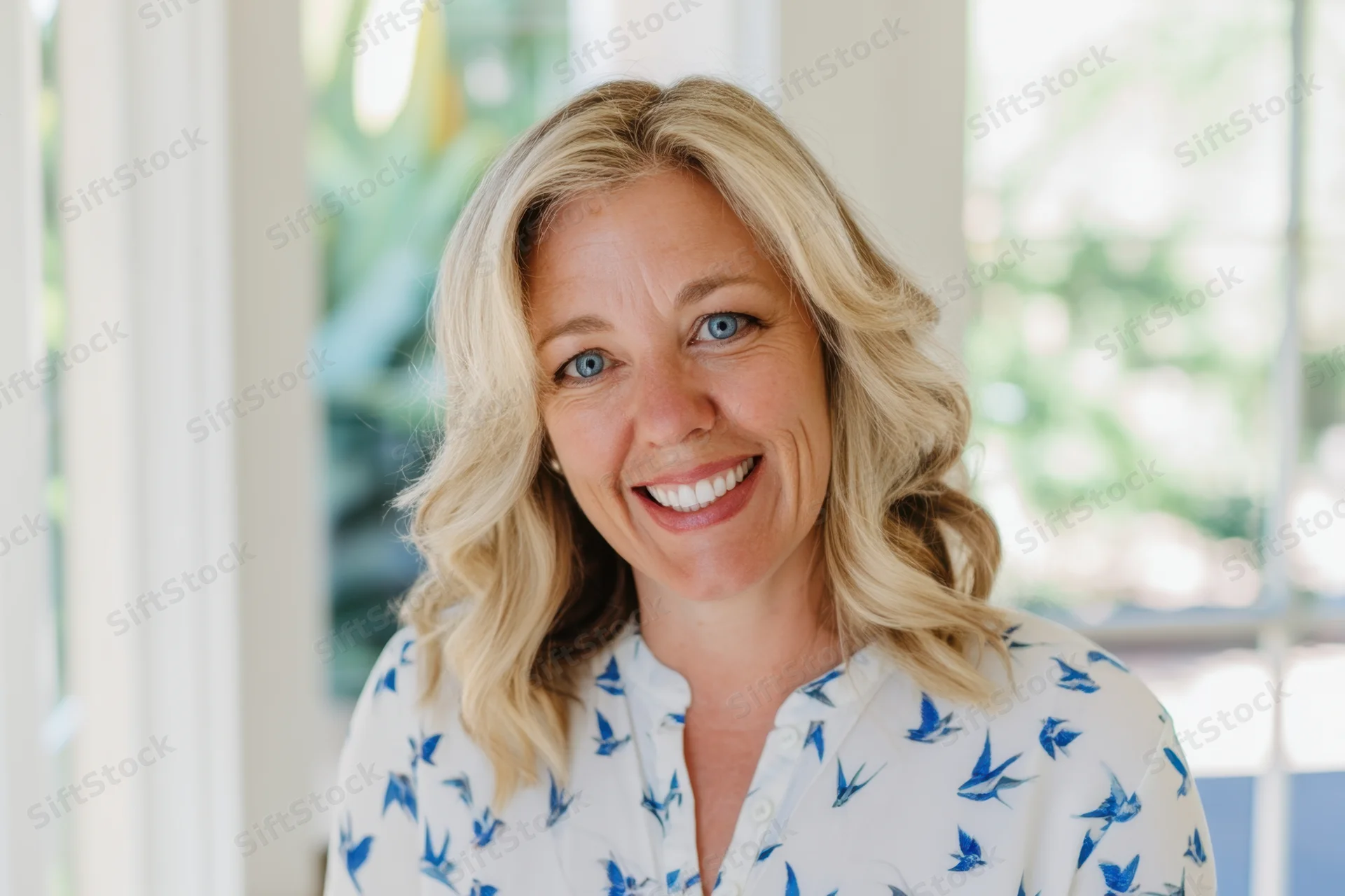 Smiling blonde woman in a blue bird-print blouse indoors near a window