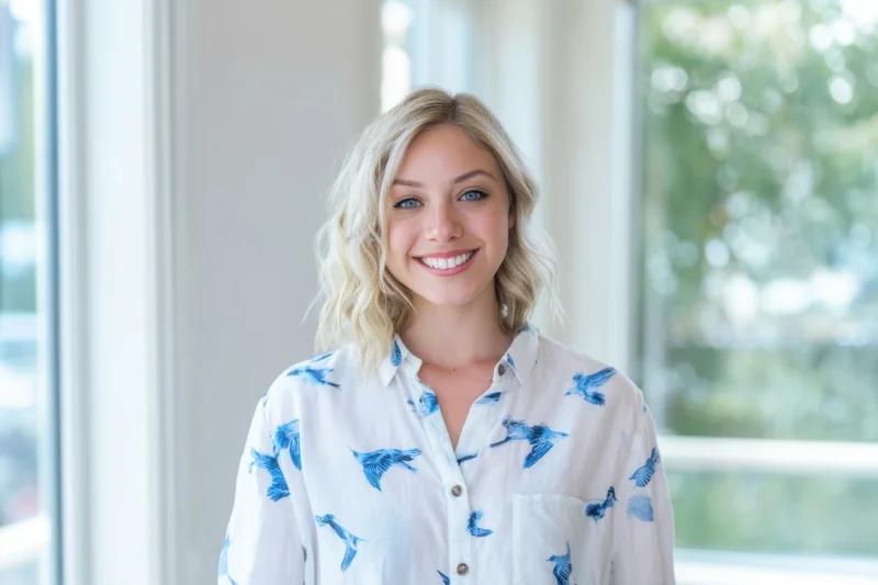 Young blonde woman smiling in a white shirt with blue bird print indoors near a window