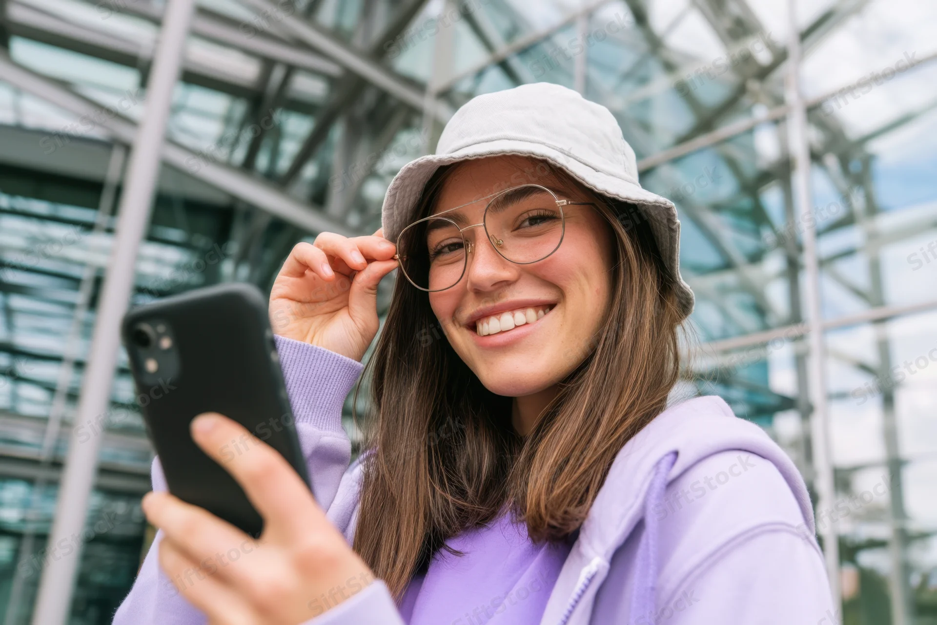 Young woman smiling while taking a selfie with smartphone in front of glass building