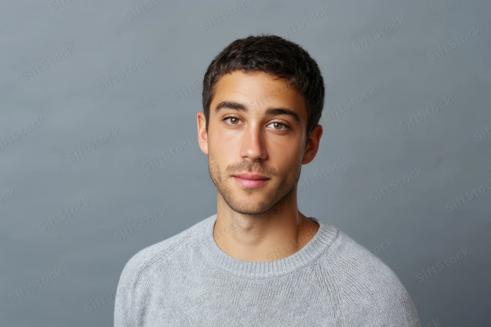 Young man in gray sweater looking at camera in studio setting