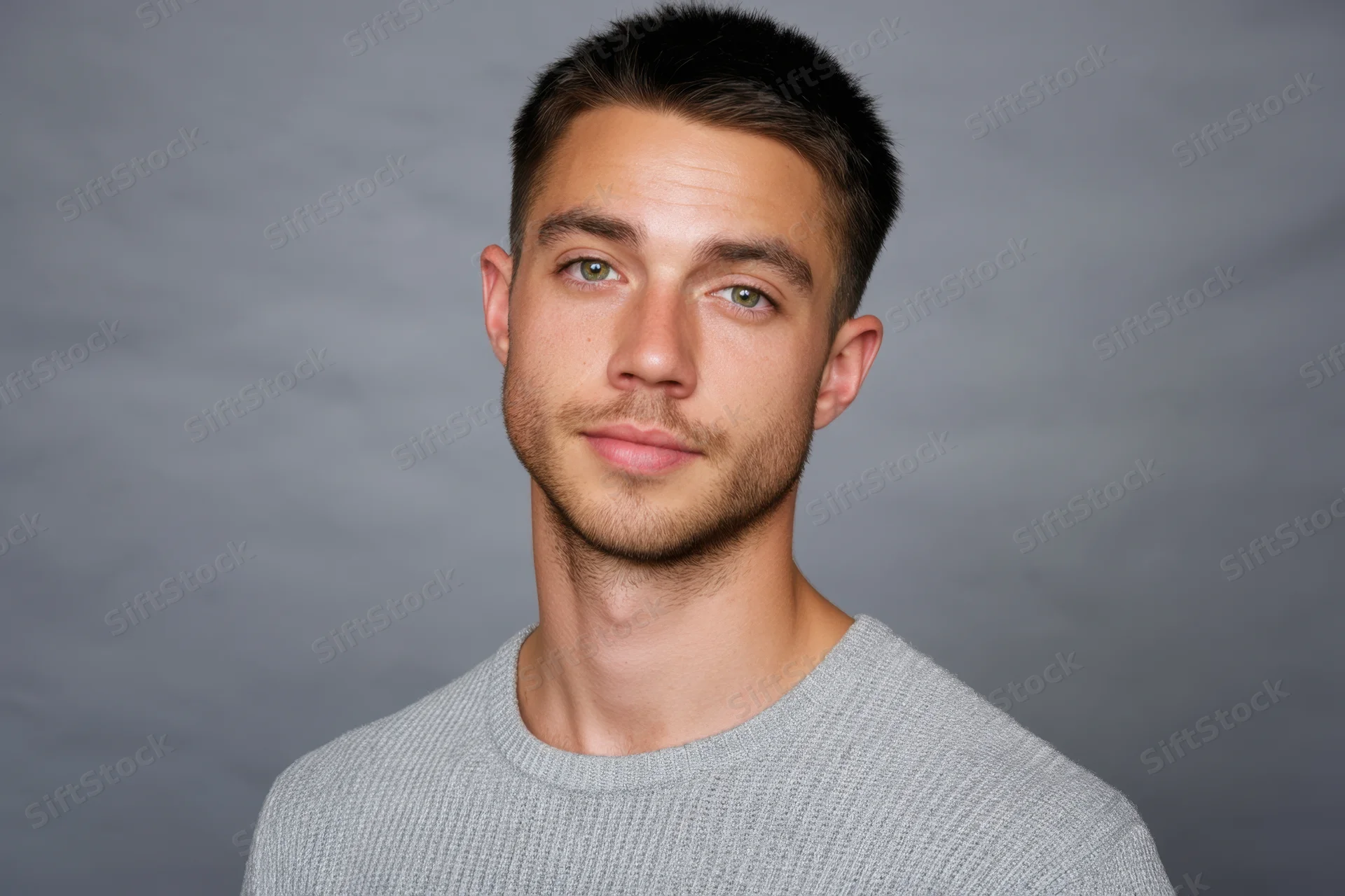 Young man in gray ribbed sweater looking directly at camera in studio setting