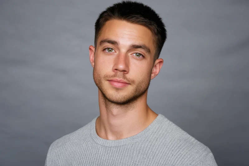 Young man in gray ribbed sweater looking directly at camera in studio setting