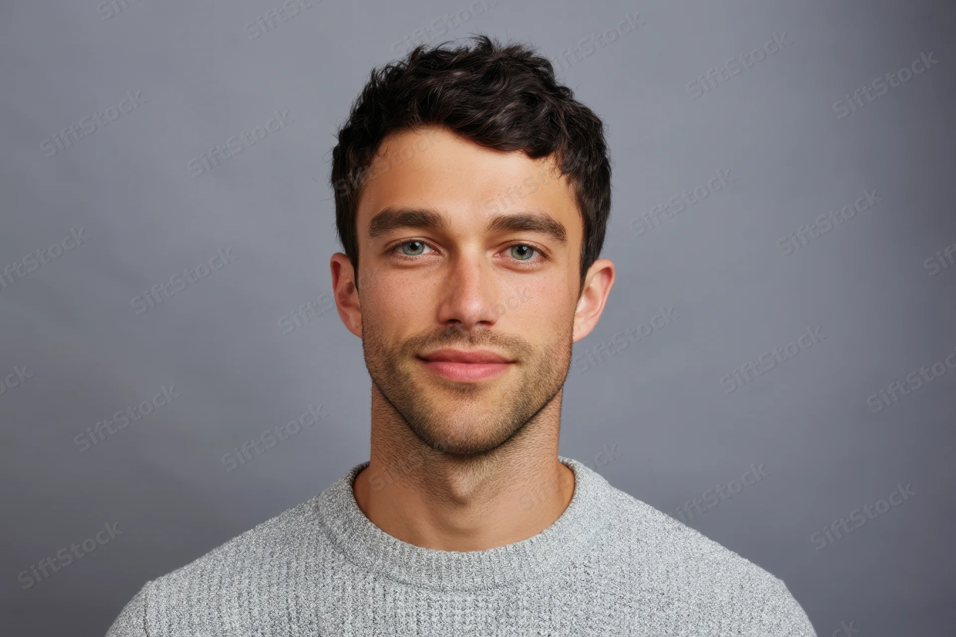 Young man in gray knit sweater looking at camera in studio setting
