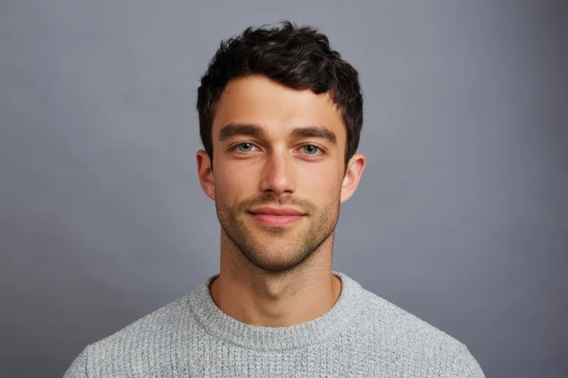 Young man in gray knit sweater looking at camera in studio setting