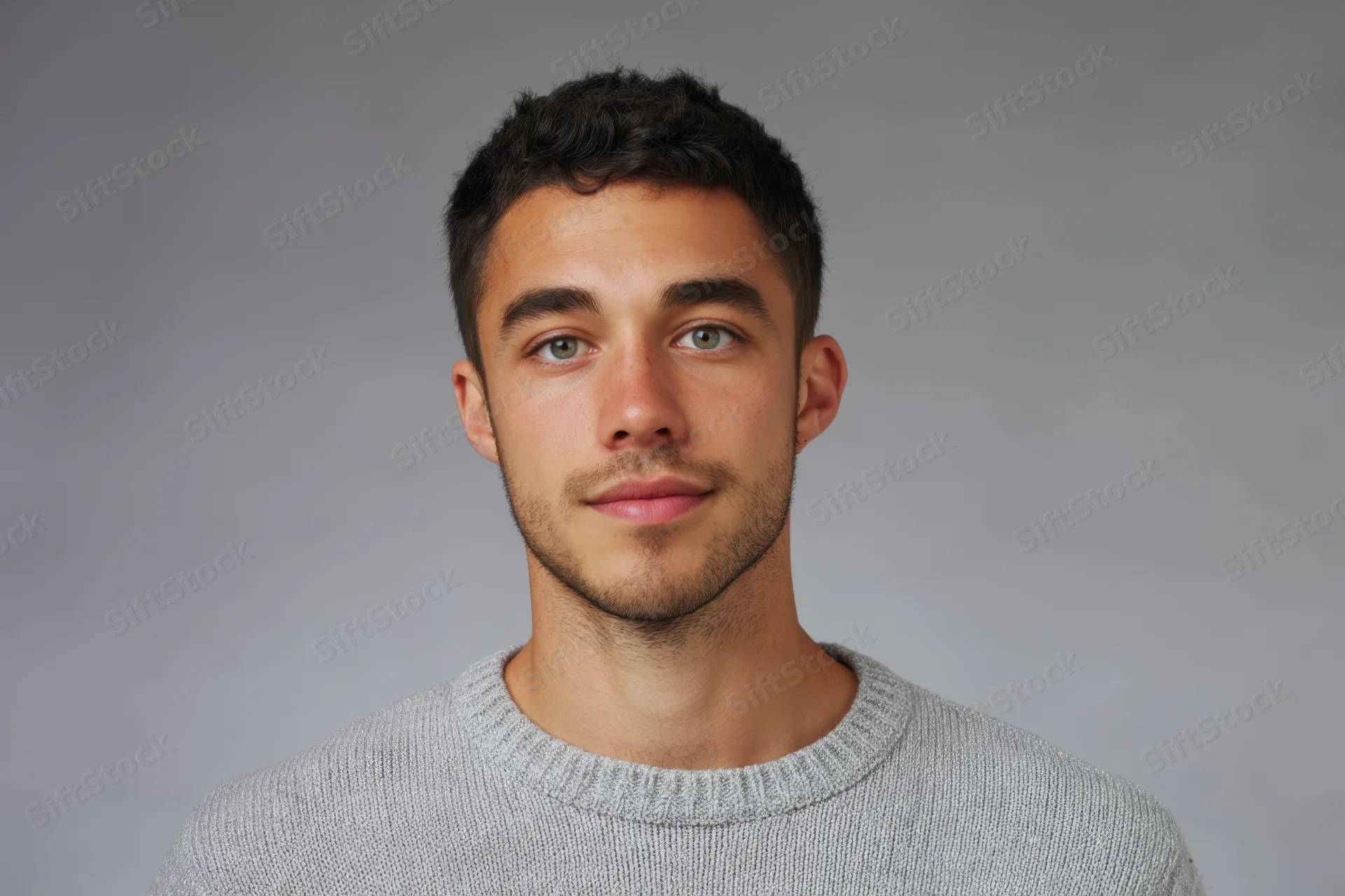 Young man in gray knit sweater looking directly at camera in studio setting