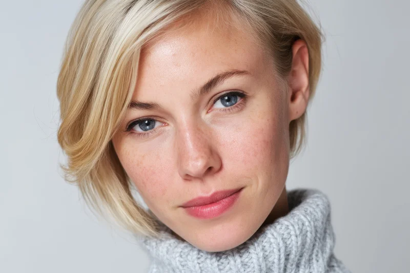 Close up portrait of a young woman with short blonde hair and blue eyes wearing a gray knit turtleneck sweater against a plain white background