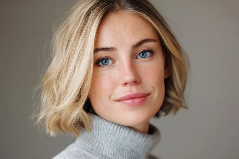 Young woman with short blonde hair and blue eyes smiling in a studio portrait wearing a gray turtleneck sweater