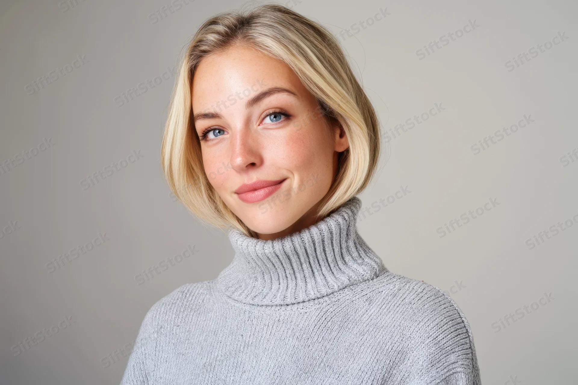 Young woman with short blonde hair smiling in a gray ribbed turtleneck sweater against a neutral studio background