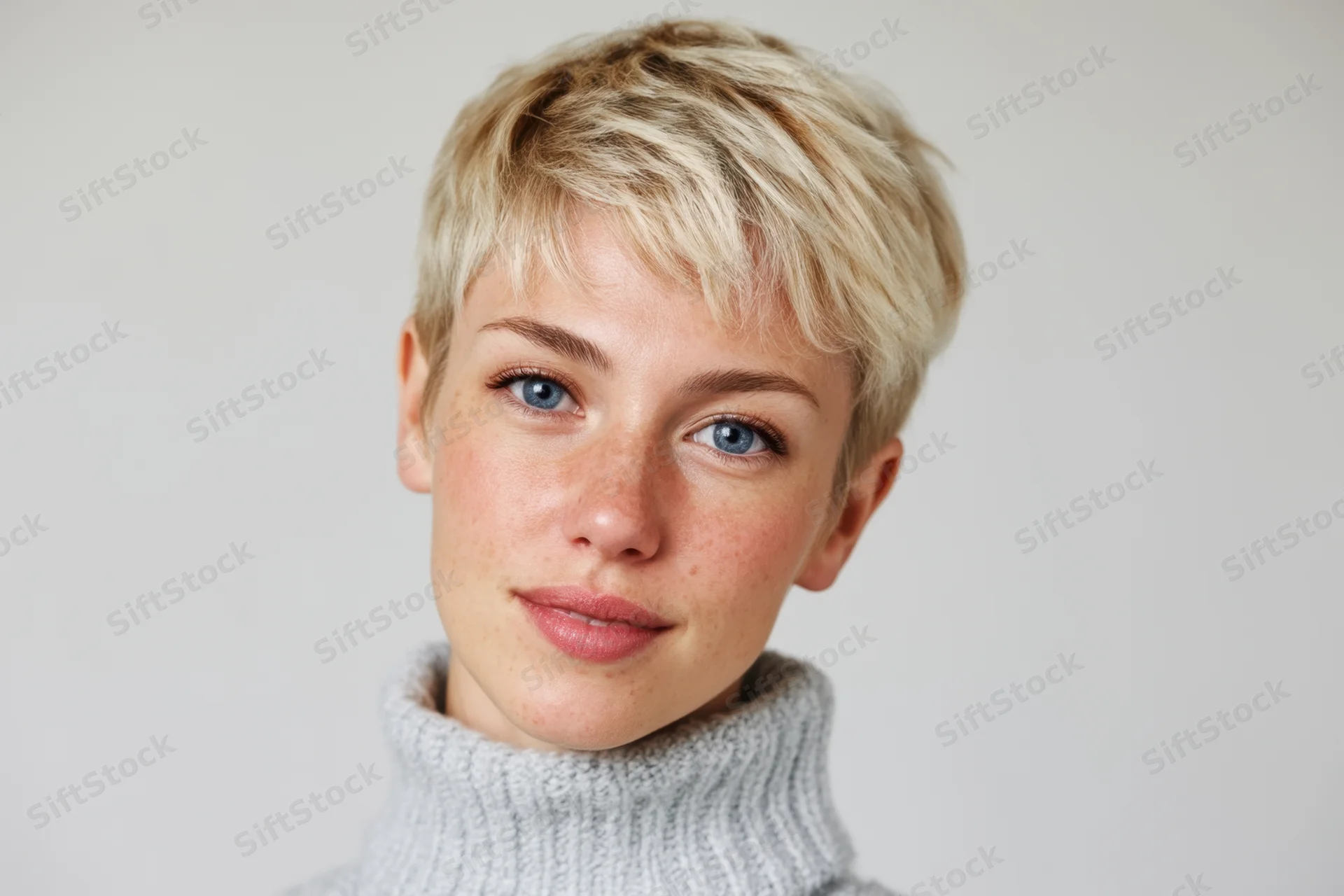 Young woman with short blonde hair and blue eyes in a gray turtleneck sweater, studio portrait closeup