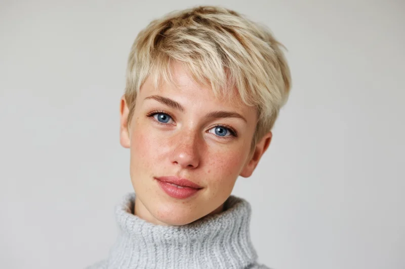 Young woman with short blonde hair and blue eyes in a gray turtleneck sweater, studio portrait closeup