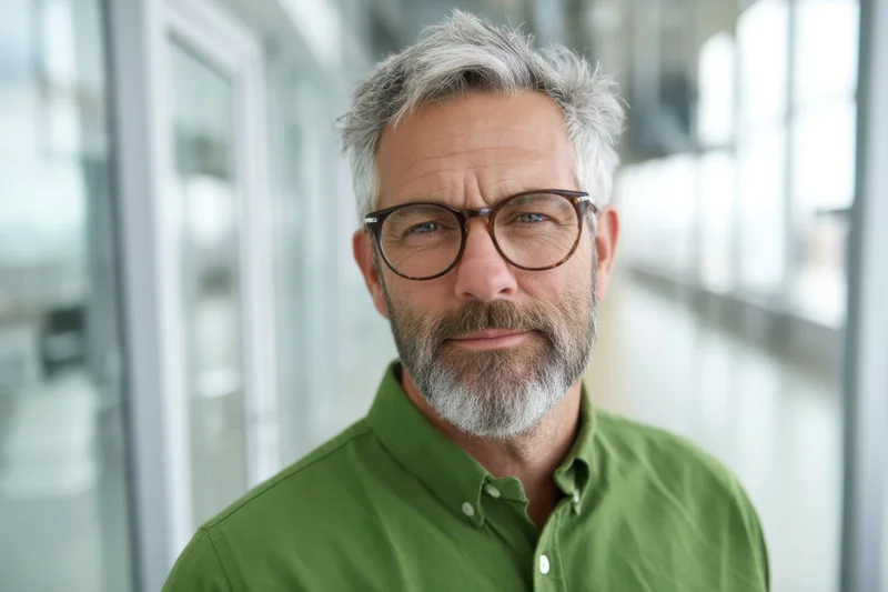 Middle-aged man with salt-and-pepper hair and beard wearing glasses and green shirt in office interior