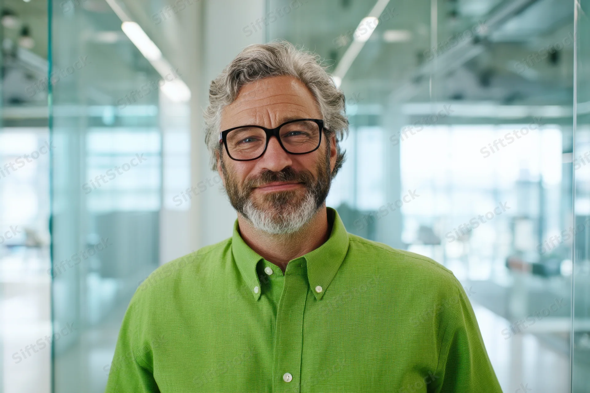 Middle-aged man in green shirt smiling in modern office with glass partitions