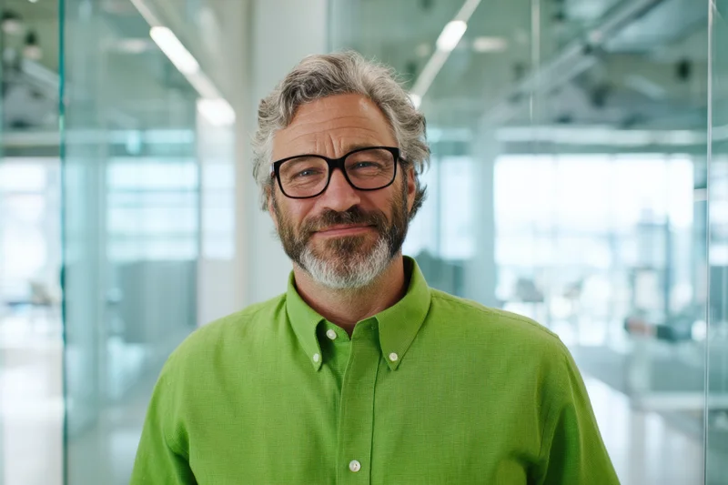Middle-aged man in green shirt smiling in modern office with glass partitions